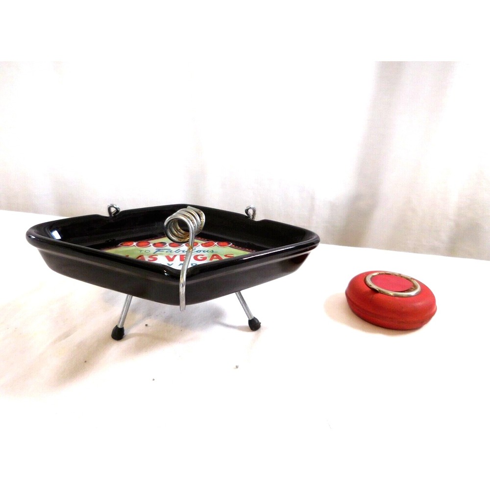 Vintage Ashtray Black Diamond Welcome to Fabulous Las Vegas + Round metal Ashtra